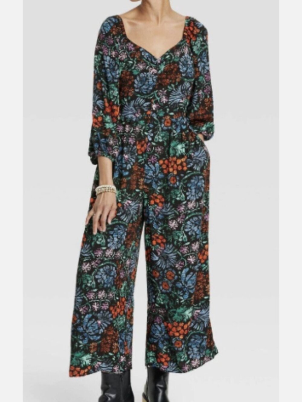Knox Rose - Romper - Floral Wide Leg - 3/4 Sleeve Jumpsuit - XXL